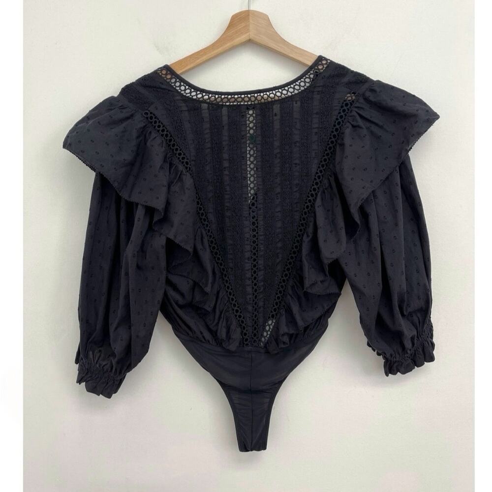 Farm Rio Plunge V-Neck Ruffle Lace Boho Romantic Swiss Dot Bodysuit - Small - Picture 5 of 16
